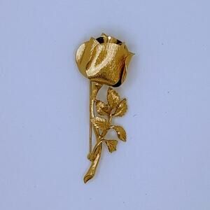 Vtg Gold Tone Single Rose Brooch Pin